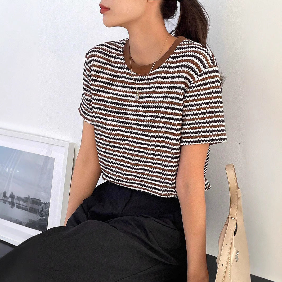 Casual Women's Color-contrast Check Round Neck Short Sleeve