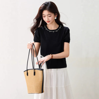 Round Neck Design Bow Beaded Short Top