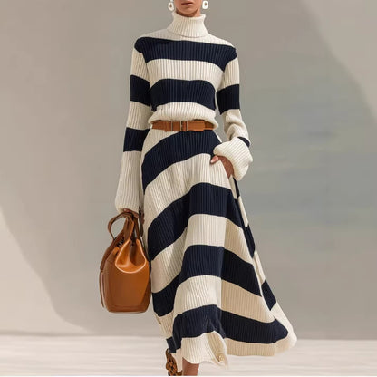 Navy And White Contrast-striped Long-sleeve Dress
