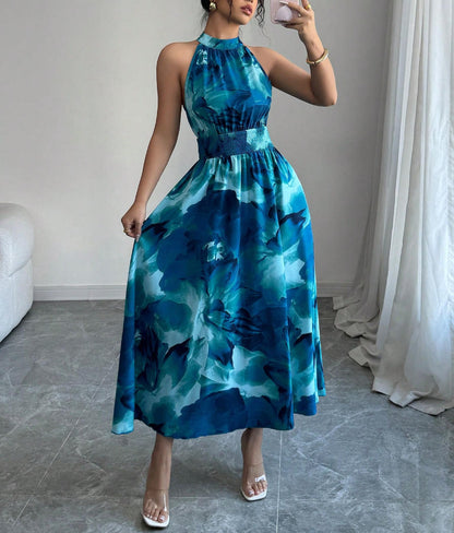 Neck Hanging Cinched Waist Sleeveless Dress With Ruffled Hem