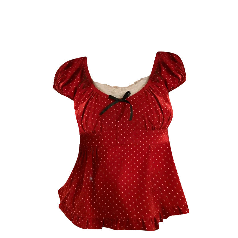 Women's Lace-up Top Sweet And Spicy Polka Dot Short Sleeve T-shirt