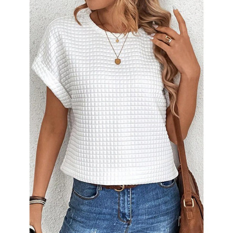 Solid Color Crew-neck Batwing Sleeve Shirt Top