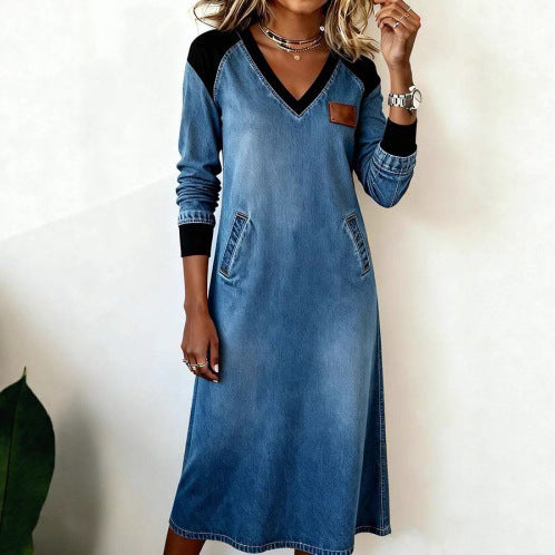 Womens Casual Color-block V-neck Dress