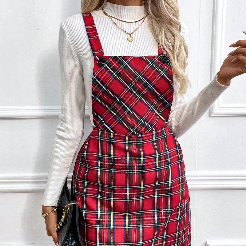 Fashionable Suspender Plaid Dress