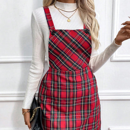 Fashionable Suspender Plaid Dress
