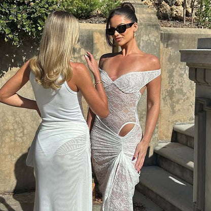 Seamless Ring-shoulder Backless Jumpsuit And Maxi Dress Set For Women