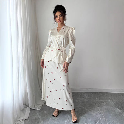 New V-neck Puff-sleeved Waist-cinched Satin Dress With A Cherry Print