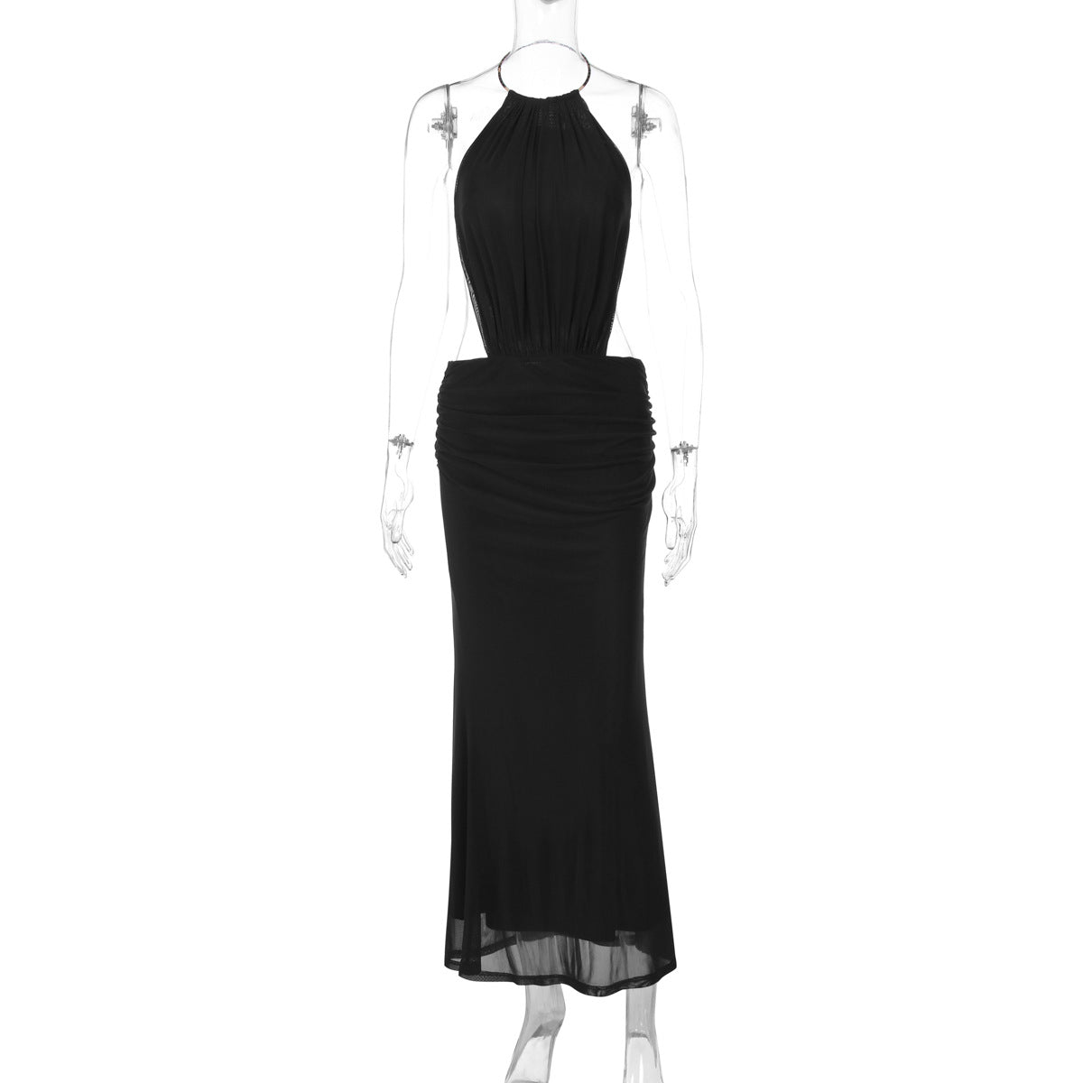 Metal Ring Halter Neck Sexy Backless Tie-waist Long Dress