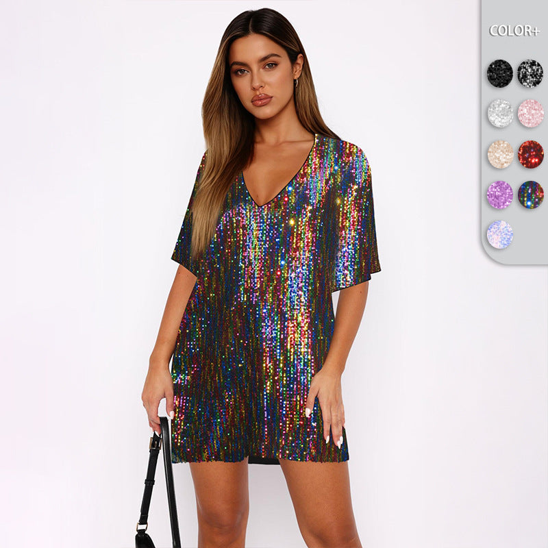 V Neck Sequin Skirt Set A Loose Elegant And Refined Dress