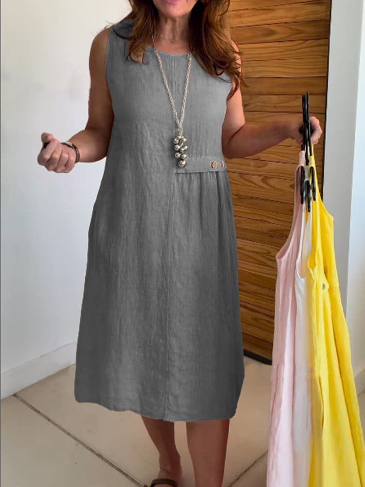 Womens Cotton-Linen Sleeveless Crew-Neck Dress With Buttoned Pockets, Western Style