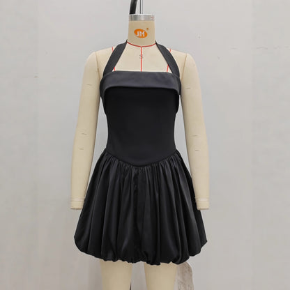 Womens Solid-Color Bud-Shape Halterneck Mini Dress