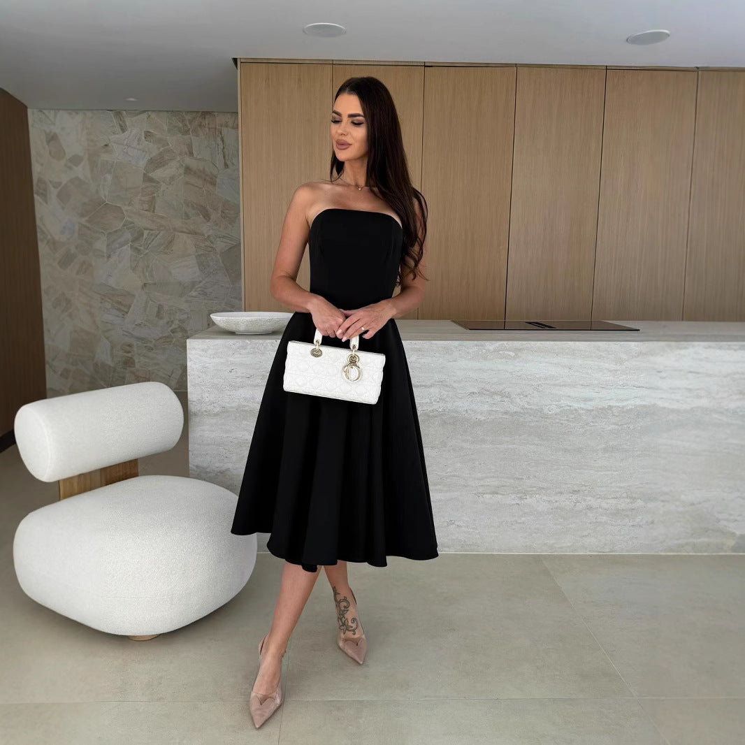 Womens Fashion Solid-Color Casual Low-Cut Dress