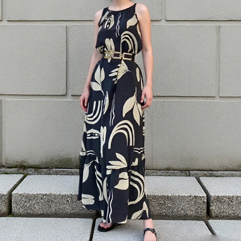 Printed Neck Hanging Sleeveless Waist Cinching Slim Fit Dress