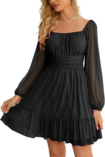 European And American Womens Mesh Long-Sleeve Square-Neck Dress