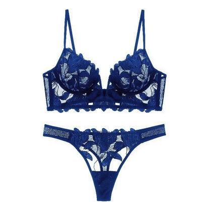 European And American Underwear Gathered Deep V Three-dimensional Embroidery Mesh