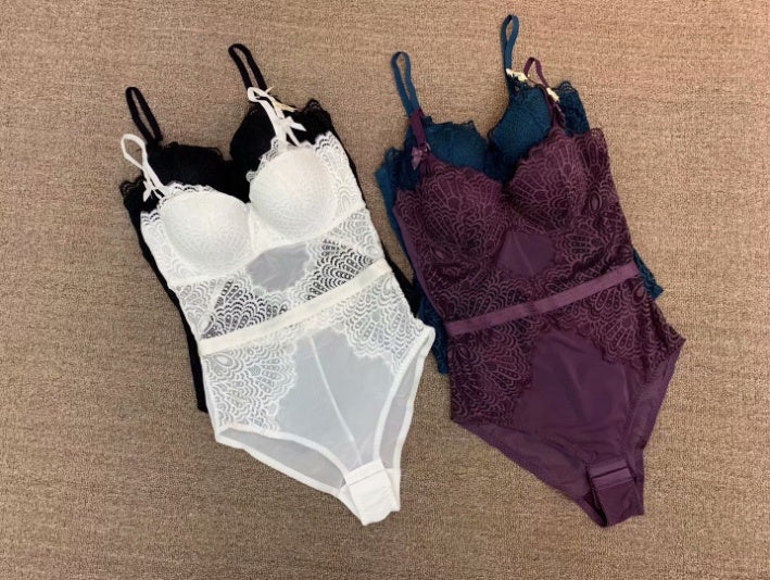 Gathering micro body shaping one piece dress belt bra lace women's underwear set