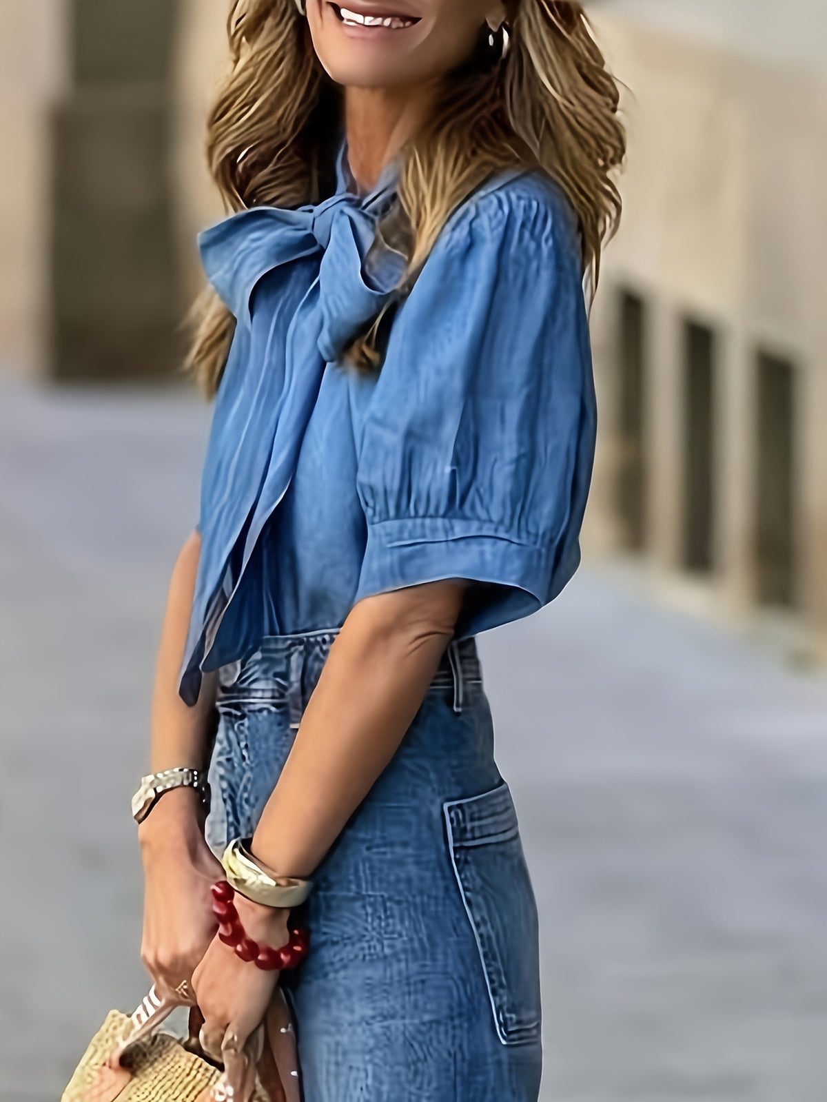 Solid Color Elegant Tied Half Sleeve Half Turtleneck Shirt Top