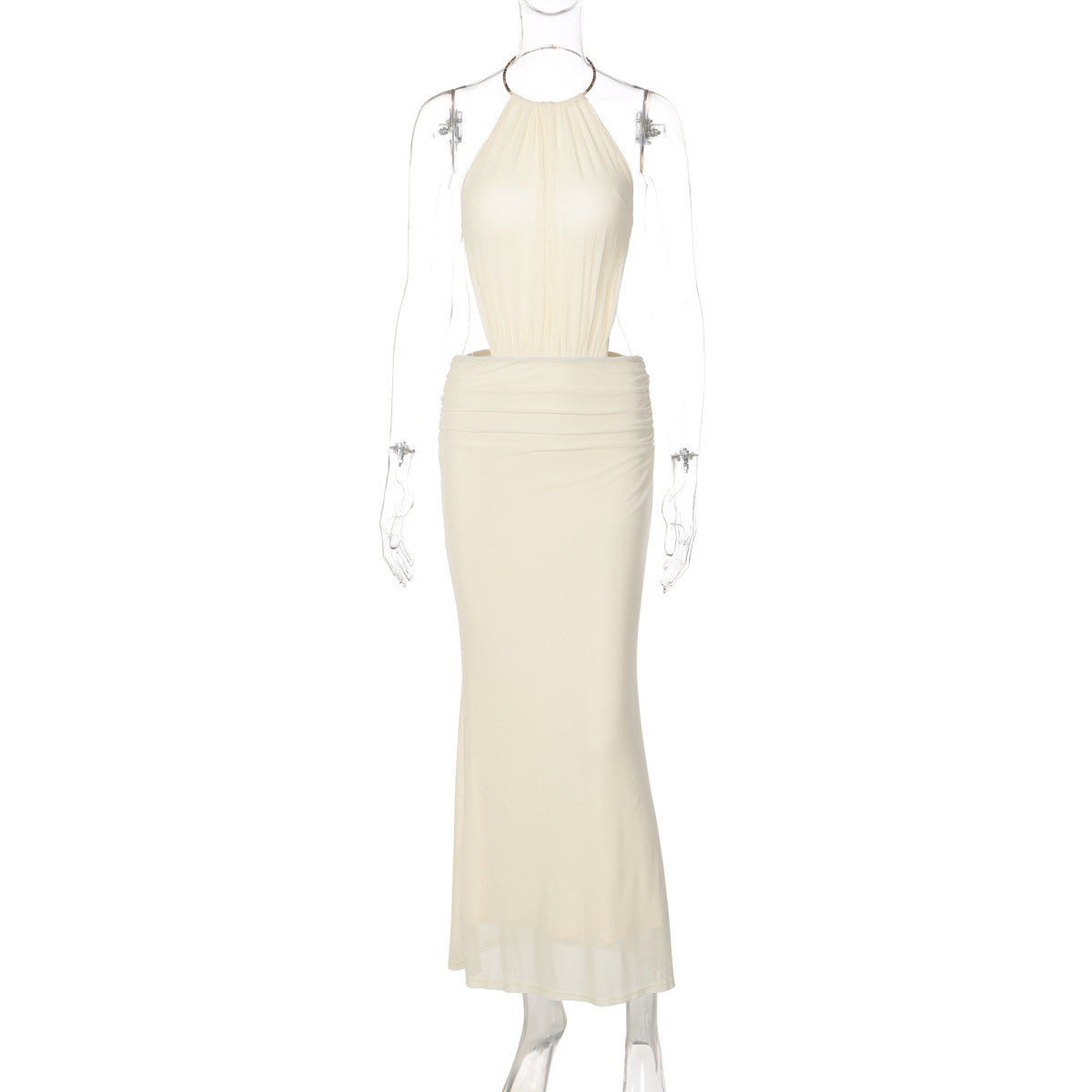 Metal Ring Halter Neck Sexy Backless Tie-waist Long Dress