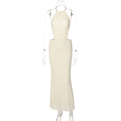 Metal Ring Halter Neck Sexy Backless Tie-waist Long Dress
