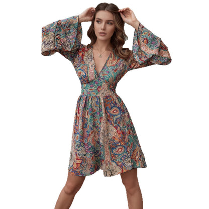New Bohemian-style Fashion Casual Printed V-neck Womens Dress