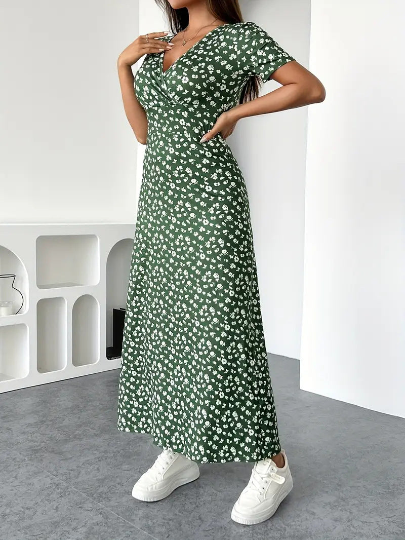 Womens Short-Sleeve Mid-Length Floral V-Neck Dress