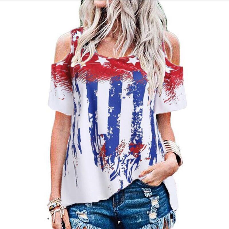 Star Print Off-shoulder Short-sleeved Plus Size T-shirt Casual Top