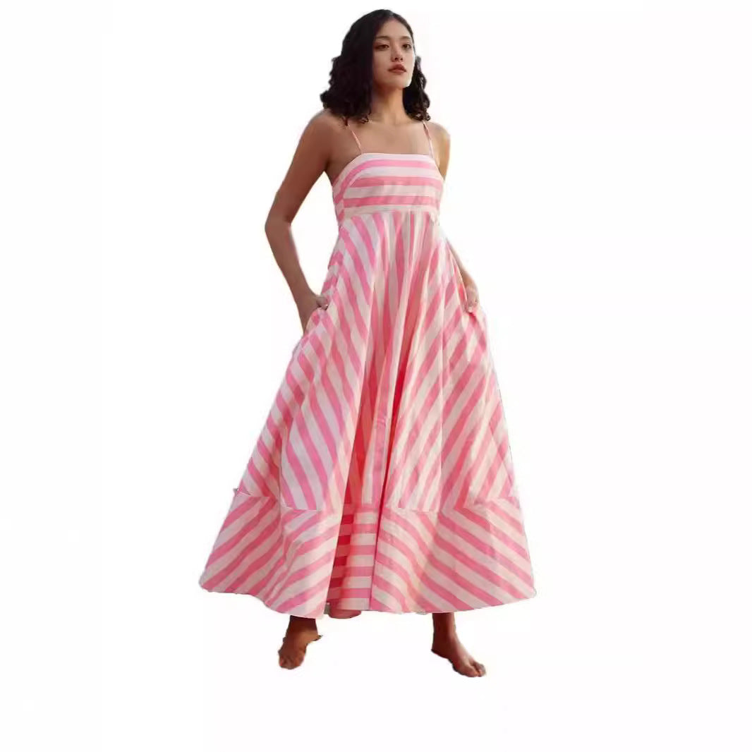 Elegant Printed Striped High-Waist Swing Dress