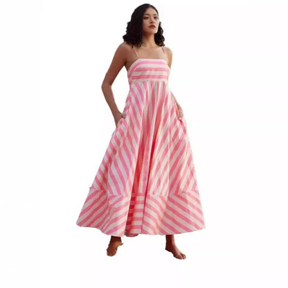 Elegant Printed Striped High-Waist Swing Dress