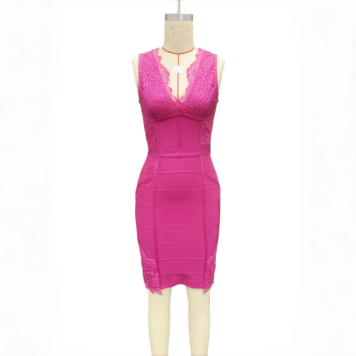 Deep-V Lace-Trimmed Solid-Color Patchwork Sexy Bandage Dress