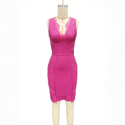 Deep-V Lace-Trimmed Solid-Color Patchwork Sexy Bandage Dress