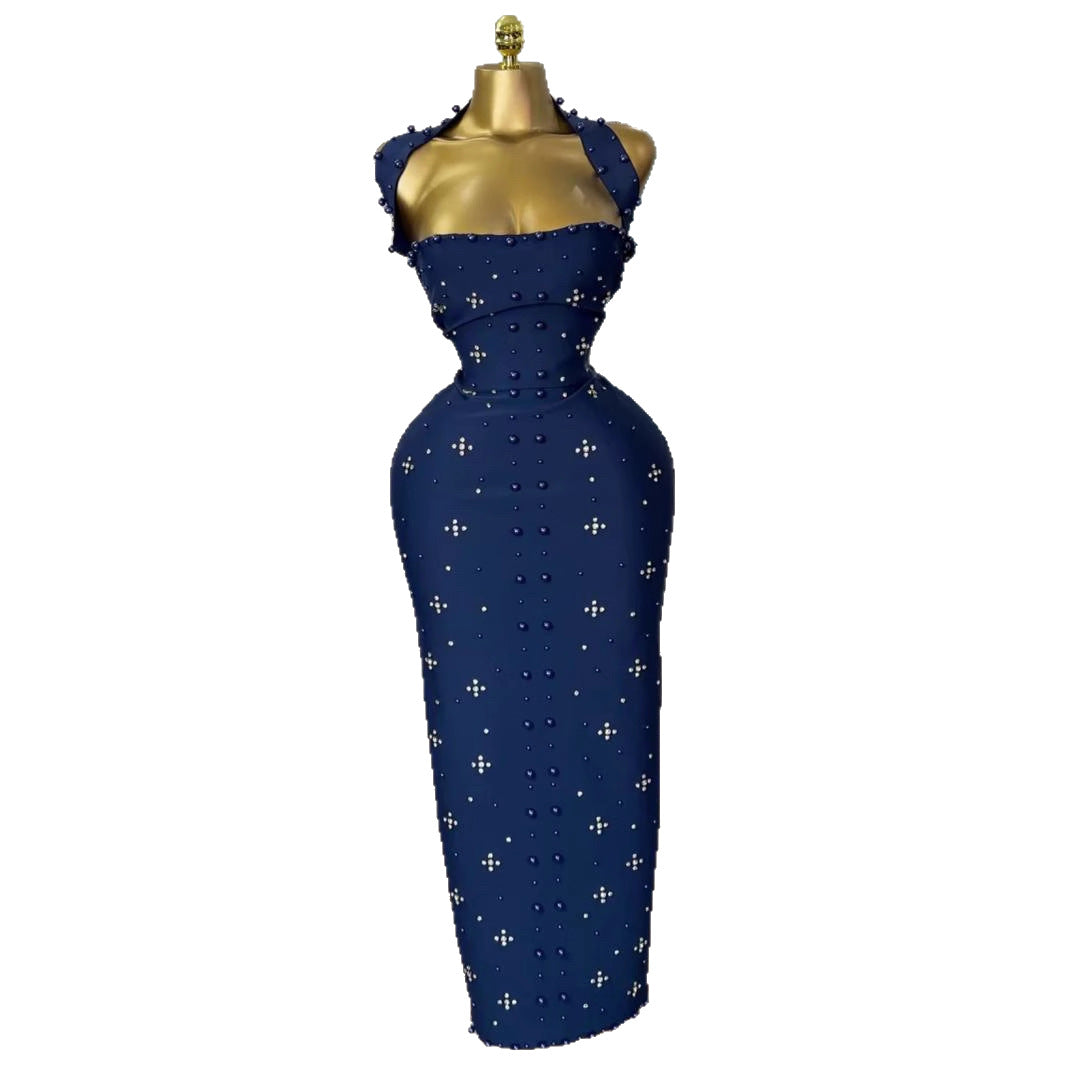 New Elegant Off-the-shoulder Halterneck Dress With Rhinestone Detailing