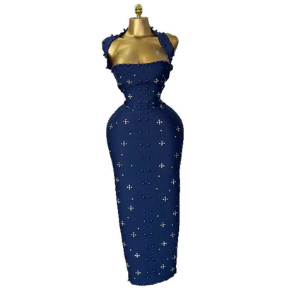 New Elegant Off-the-shoulder Halterneck Dress With Rhinestone Detailing