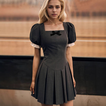 Womens Solid-Color French Square-Neck Slim-Fit Short-Sleeve Dress