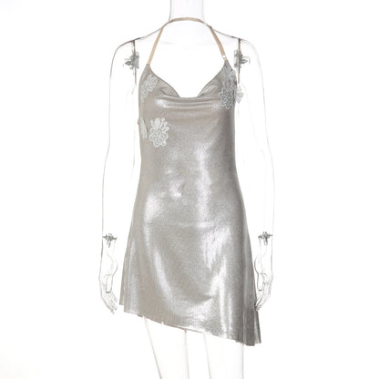 Halterneck Deep V-neck Gold-foil-pressed Bodycon Dress
