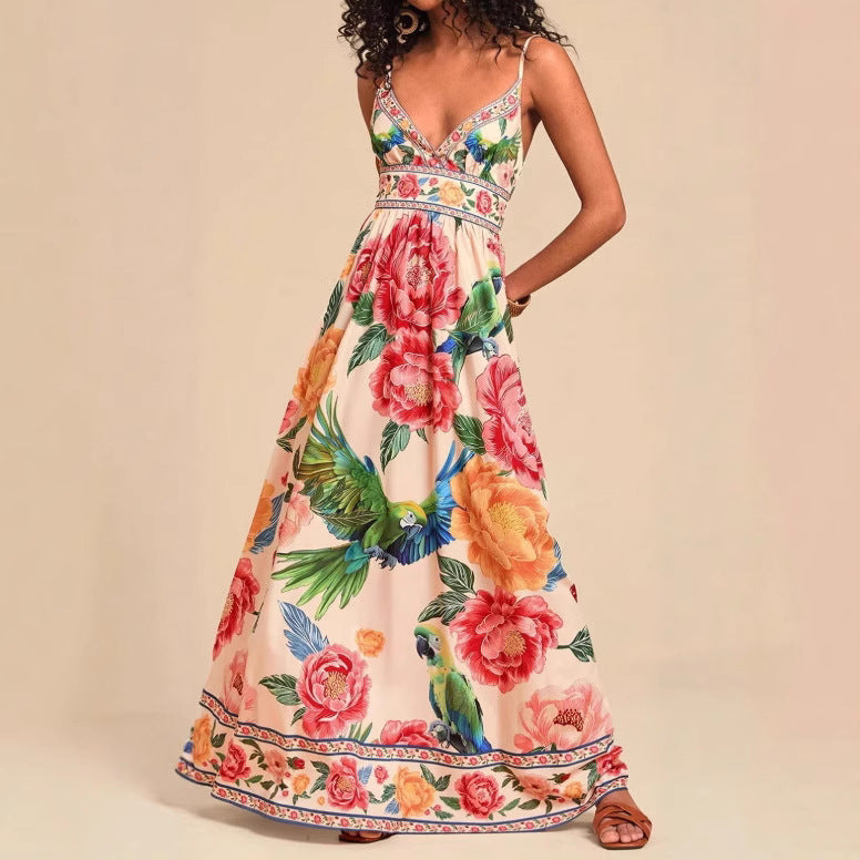 New Strap Print V-Neck Extra-Long Knitted Dress