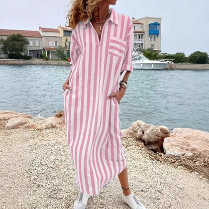 Womens Elegant Casual Loose-Fit Striped Long Shirt Dress