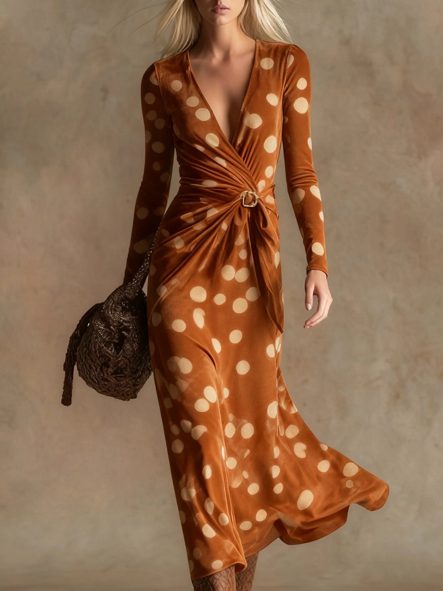Womens V-neck Long-sleeve Maxi Dress