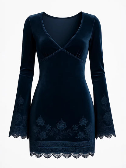 Women's V-neck Long Sleeved Velvet Lace Dress
