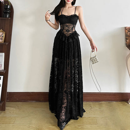 Womens Black Lace Slip Dress With A See Through Bustier Design