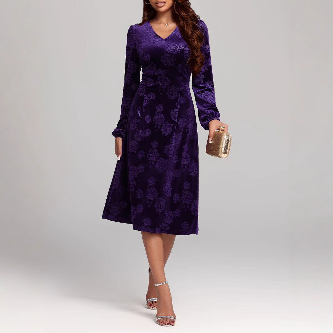 Womens Solid-Color Mid-Length Gold Velvet Embossed V-Neck Dress