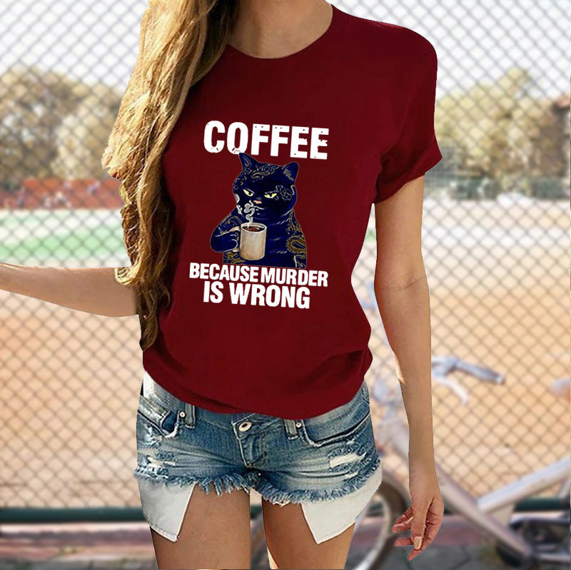 Cat Cute Print T-shirt Round Neck Short Sleeve Top
