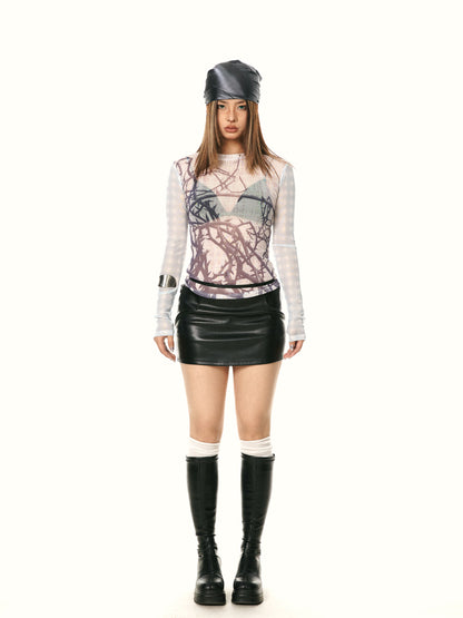 See-through Mesh Slim Fit Long Sleeve Plaid Underwear T-shirt Top