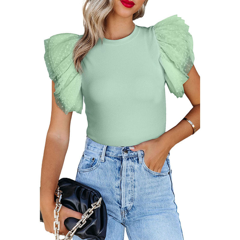 Women's Ruffle Sleeve Pullover Solid Color Short Sleeve Simple Top