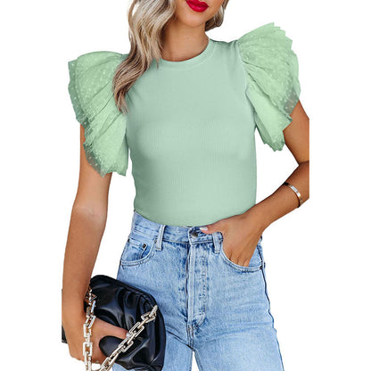 Women's Ruffle Sleeve Pullover Solid Color Short Sleeve Simple Top