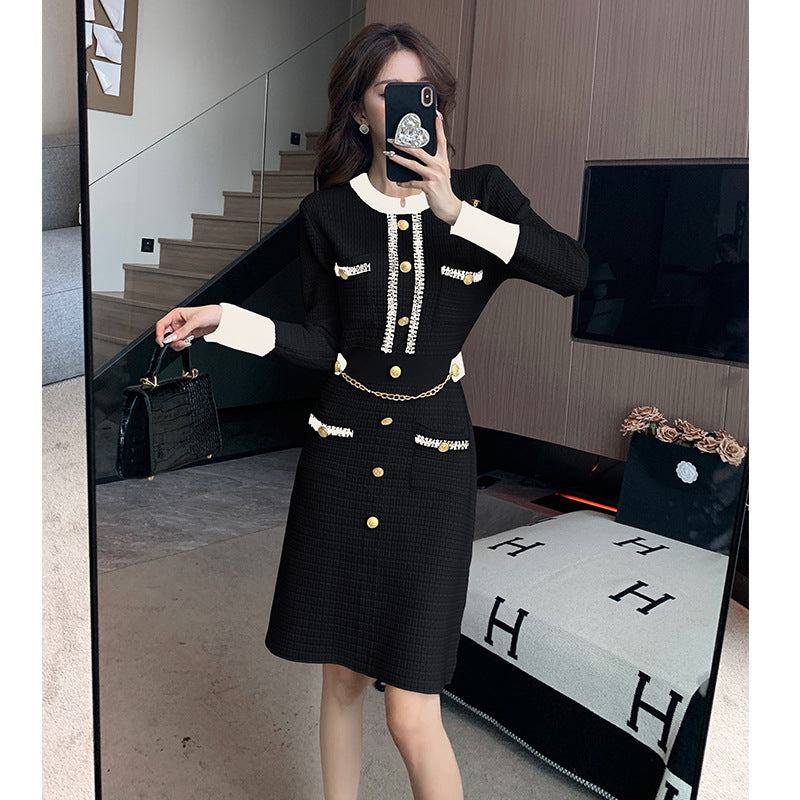Womens Casual Crew-Neck Knitted Dress With Buttons