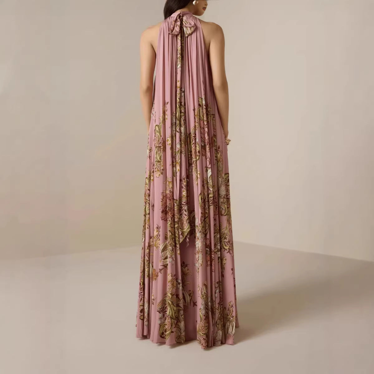 Womens Elegant High-Neck Lace-Up Printed Dress With A Refined Look
