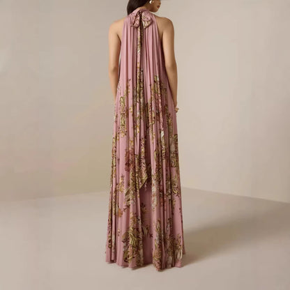 Womens Elegant High-Neck Lace-Up Printed Dress With A Refined Look