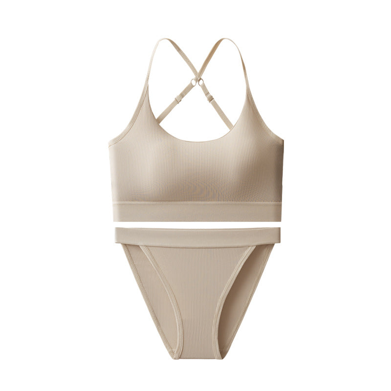Ice Silk Seamless Bra Set Women's Sling Cross Beauty Back Yoga Underwear