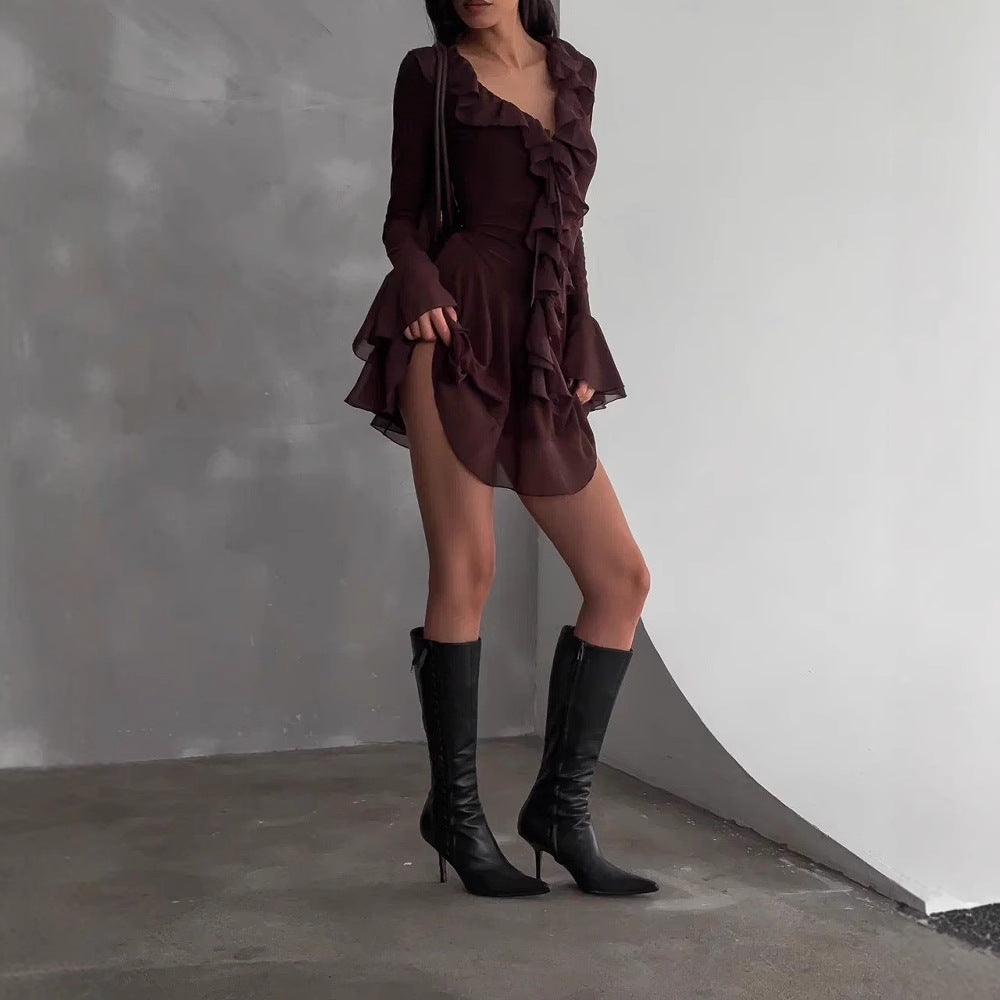 Elegant Solid-Color Short Dress With A Deep V-Neck Ruffled Hem And Patchwork Design