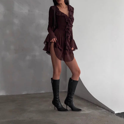 Elegant Solid-Color Short Dress With A Deep V-Neck Ruffled Hem And Patchwork Design